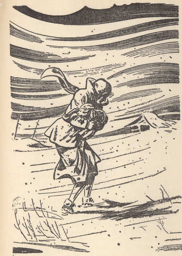Woman carrying a lamb through the snow and wind.