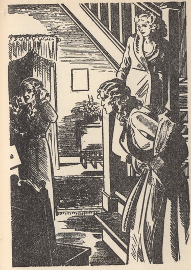 Woman on phone, two women on stairs in foreground.