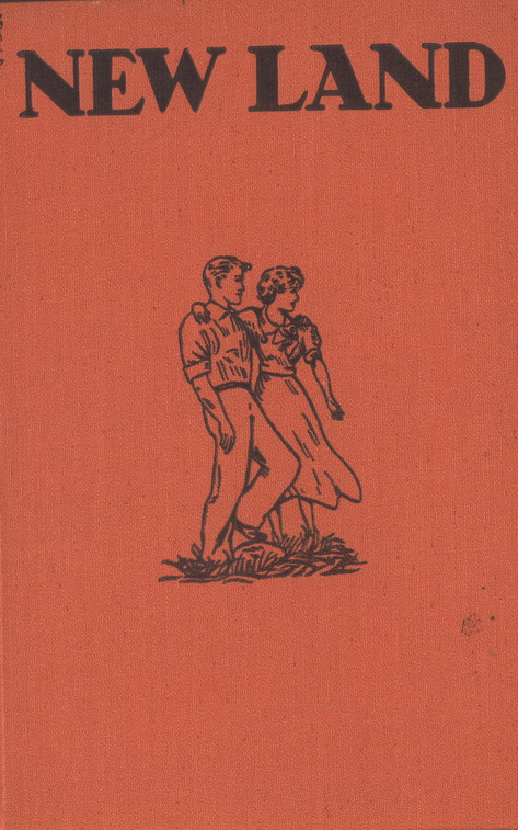 Orange cloth cover of book, with outline of two people standing in a patch of grass.