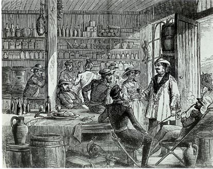 Interior scene with people sitting at tables and standing by a bar.