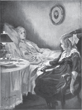 Girl sitting at the bedside of a woman.