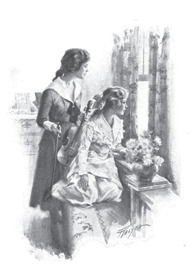 Two young ladies at the window, looking out.