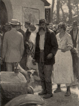 Street scene with focus on a bearded man and the woman behind him.