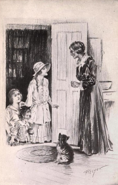 Older woman standing in a doorway facing the woman, girl, and little girl. there is a kitten in the house.