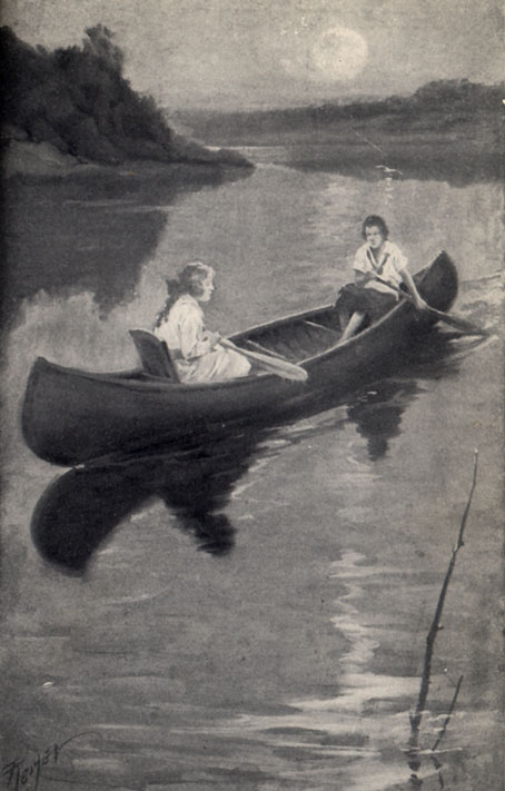Two people out on a canoe under the full moon.