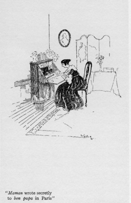 Woman sitting at a writing desk.