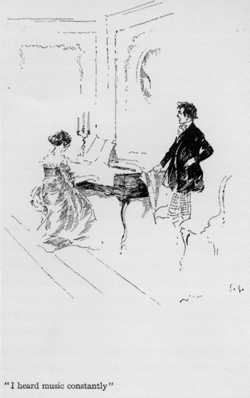 Woman sitting playing piano, man standing listening.