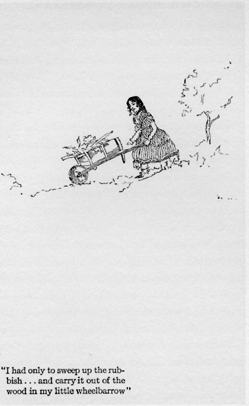 Woman walking downhill with a wheelbarrow.