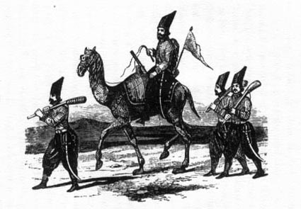 Man on camel flanked by men walking holding clubs.