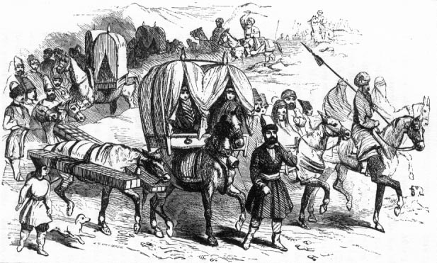 People on horseback, in carriages, and on foot.