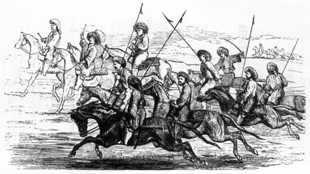 Many men on horseback with spears.