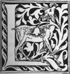 L (ornamental initial) with deer and leaves