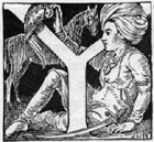 Y  (illustrated letter) man seated, horse standing