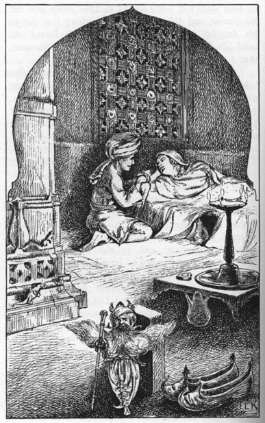 A young man kneels by the bed of a young woman