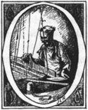 O (illustrated letter) with weaver at his loom