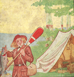 Woman at a campsite holding a fish in one hand and an oar in the other.