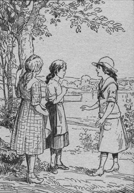 Three girls standing and chatting.