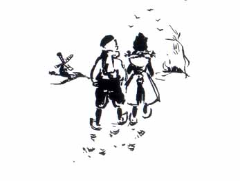 Two children walking away.