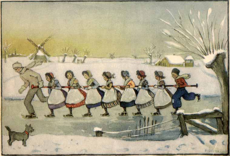 Snowy scene of a group of children being led across the ice on skates by an adult. Everyone is holding onto a long pole.