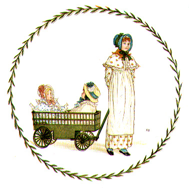 young woman in bonnet and long dress pulling two young girls in a wagon