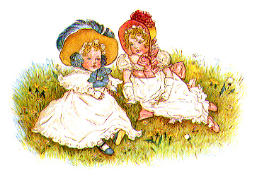 two young girls sitting in the grass, one with blue bow and one with red