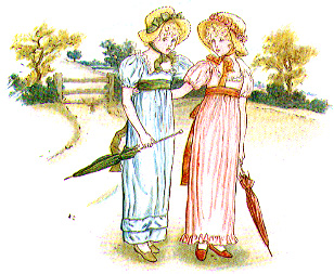 two young women carrying closed parasols, out for a walk, one with an arm around the other