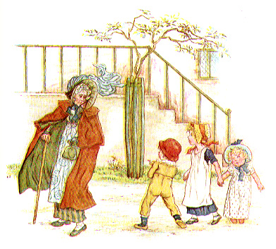 three children staring at old woman with cane