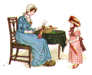 seated woman talking to child in fancy clothes with red hat, umbrella, and shoes