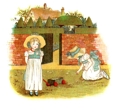 two young girls, one with small wagon, playing in a garden in front of a brick wall