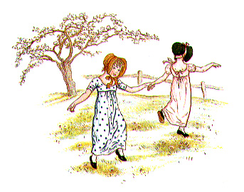 two girls holding hands playing in a field
