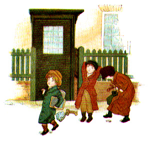three children in winter clothing, one of whom is holding a book and frowning