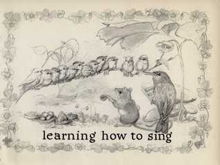 bird with sheet music and mouse using plant stem as conductor's baton teaching twelve small birds how to sing.