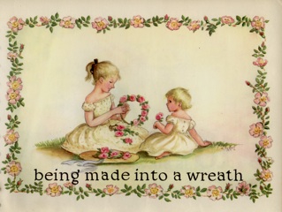 floral border around two girls making wreath using fifteen roses.