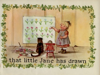 floral border around young girl, a cat and a doll who are admiring a sheet of paper with the flowers the girl has painted.