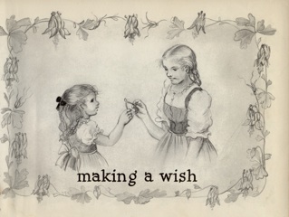 floral border around two girls pulling a wishbone apart.