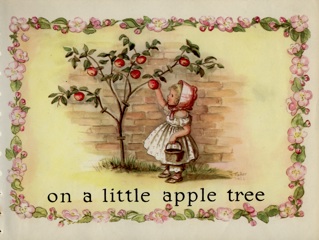 floral border around young girl picking apples from a small tree.