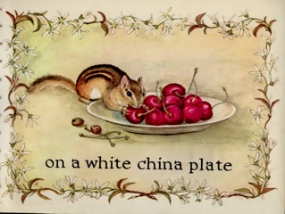 floral border around chipmunk eating cherry off of a plate of cherries.