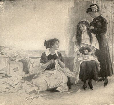 one girl sits and sews while another does the hair of a third, seated, girl