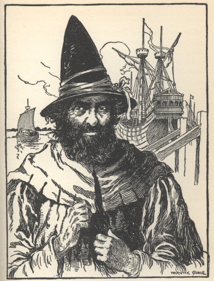 A man wearing a cone shaped hat stands in front of two ships.