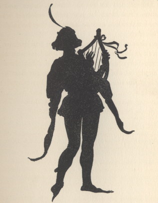 The silhouette of a minstrel holding a small harp.