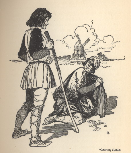 A beggar kneels on the ground collecting his dropped coins while a man in tunic and hose stands looking at him holding a staff.
