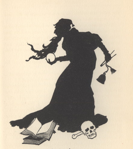 The silhouette of an old man with a very long beard holding a crystal ball and other objects. At his feet are books and a skull and bone.