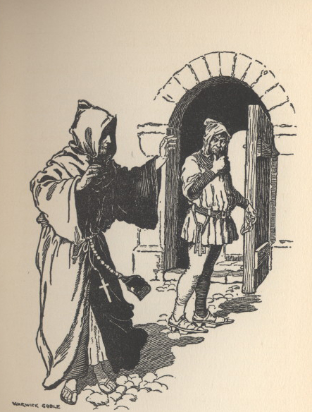 A monk with a paternoster at his waist raises his hand as a man in a hood with a set of keys stands next to an open door.