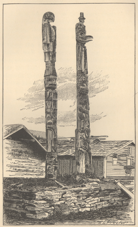 two totem poles carved with Inuit figures and birds