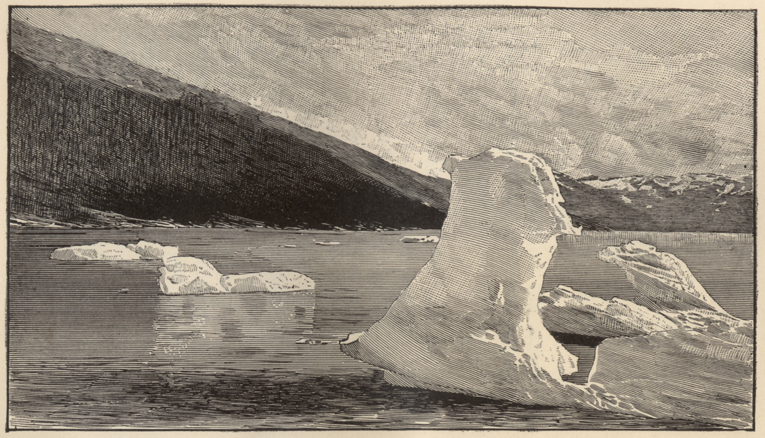ice floe on water with mountains in distance