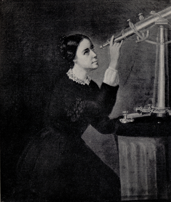 portrait of Maria Mitchell as a young woman looking through a telescope