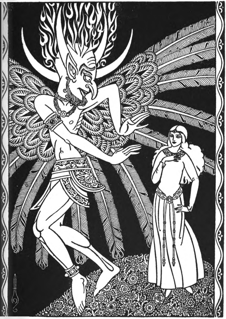 A djinn recoils from a young woman