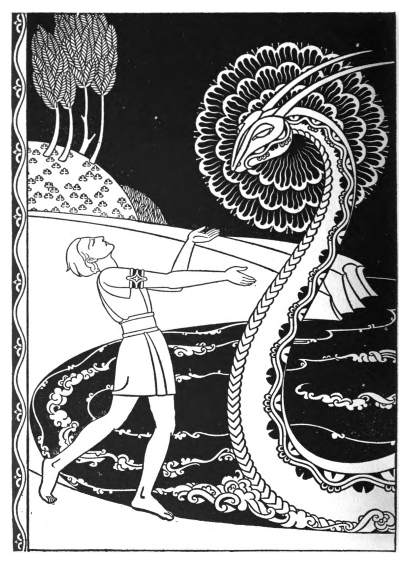 man with outstretched arms standing in front of a great snake rising out of the water