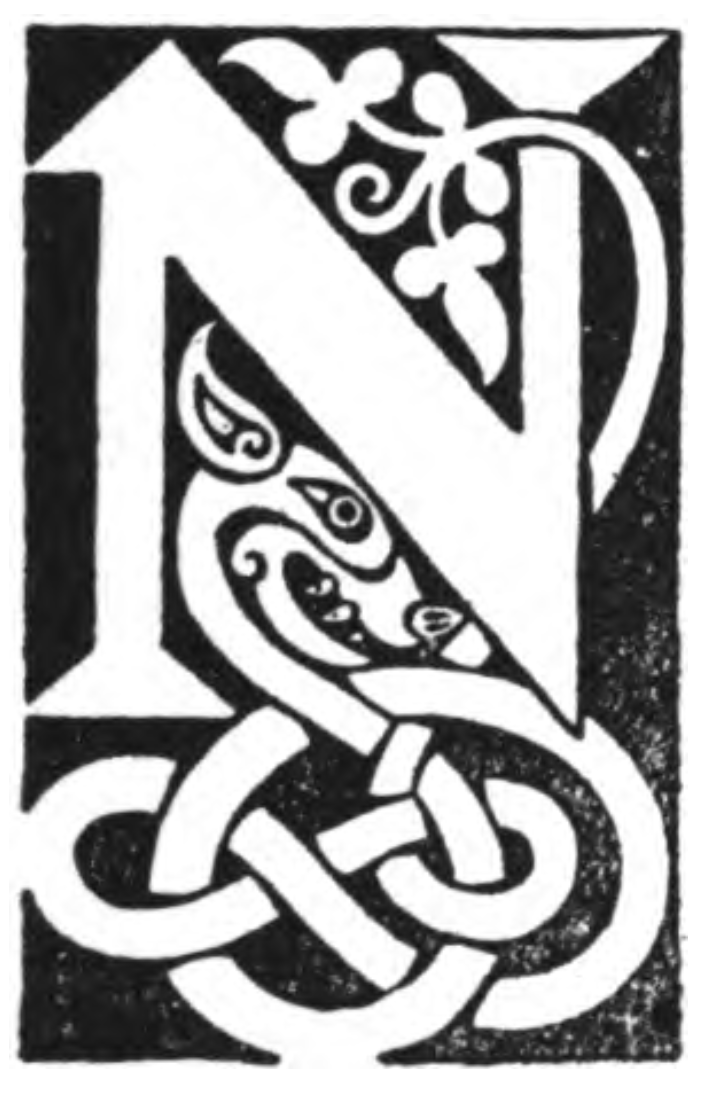 [illuminated capital] N with knotwork beast